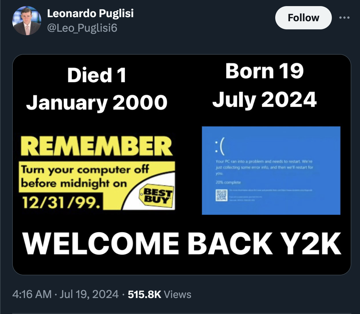 screenshot - Leonardo Puglisi Died Remember Turn your computer off before midnight on 123199. Best Buy Born Welcome Back Y2K Views